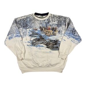 Vintage Art Unlimited Sweatshirt Mens XL Snowy Winter Wrap‎ Around Forest